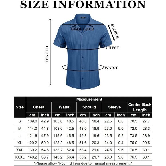 ❤️Men's Blue Shirts Short Sleeve Casual Button Down Shirt Summer Beach Shirt - Picture 6 of 6